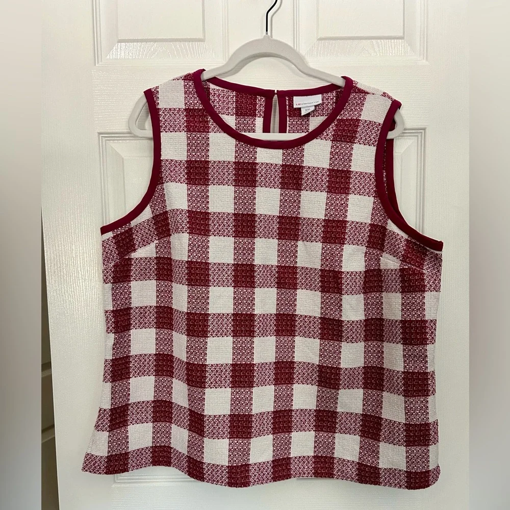 Liz Claiborne Women’s Sleeveless Gingham Tweed Raspberry and White Top - Picture 1 of 6